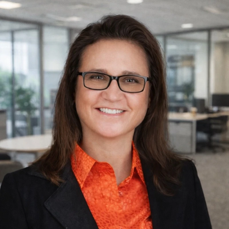 profile of Valerie Phillips wearing an orange collared shirt and black jacket.